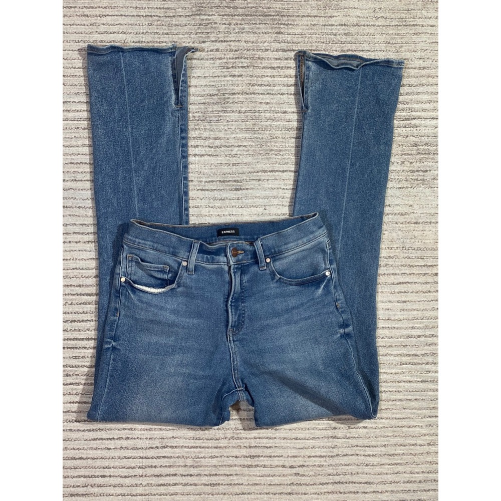 Express Skyscraper Mid Rise‎ Slim Flare Front Slit Jeans Medium Wash Blue Denim